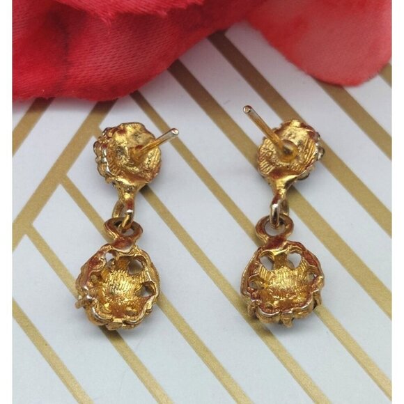 Tiny Minimalist Gold Tone & Purple Crystal Drop Dangle Floral Earrings Sparkle - Picture 4 of 9